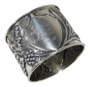 Large Vintage Hand Made Repousse Portuguese Coin Silver Napkin Ring W/ Grapevines & Wheat Stalks