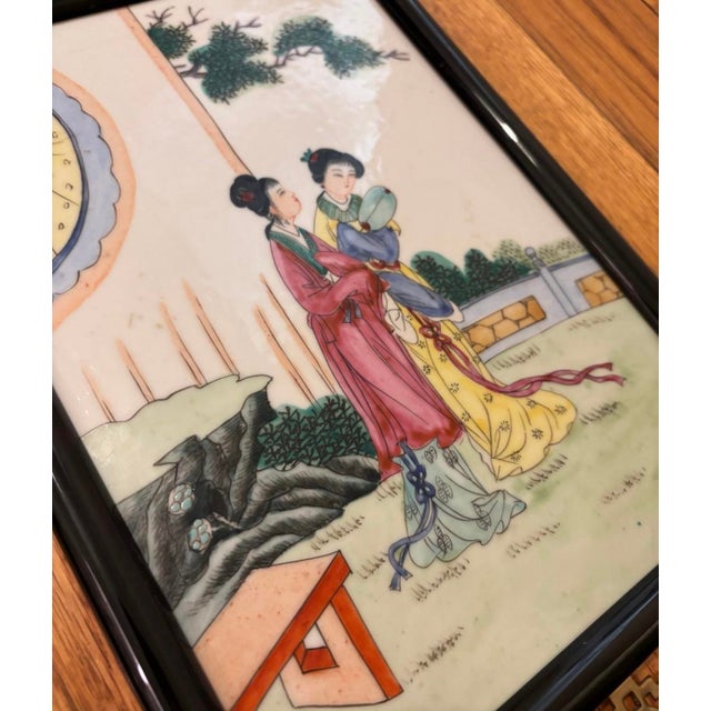 Vintage Chinese Famille Rose Hand Painted and Framed Porcelain Tiles Set of 4 For Sale In Washington DC - Image 6 of 12