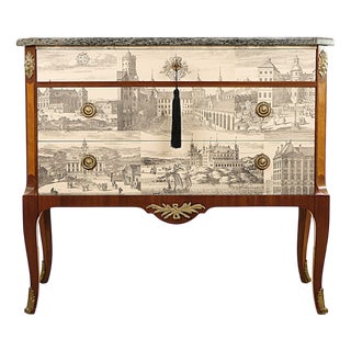 Vintage Gustavian Chest with Illustrations and Grey Marble Slab, Sweden, 1940s For Sale