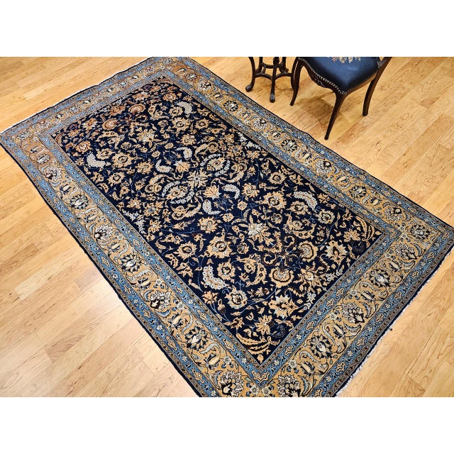 Antique Persian Tabriz Rug, Hand-Knotted Wool & Silk, Allover Floral Pattern, Navy & Tan, 6x10 For Sale - Image 13 of 13