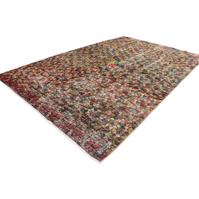 Distressed Vintage Turkish Sivas Rug with Postmodern Romantic Style. This hand knotted wool distressed vintage Turkish...