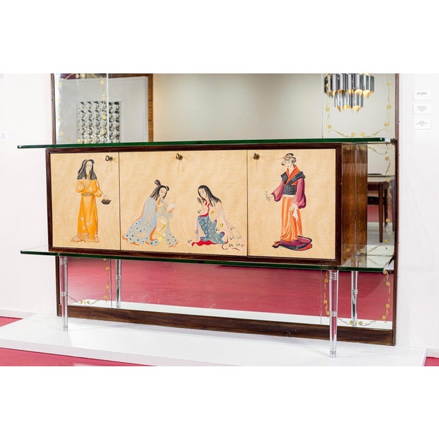 Mid Century Mirrored Bar Cabinet Credenza With Asian Motif, Made in Italy For Sale In Detroit - Image 6 of 15