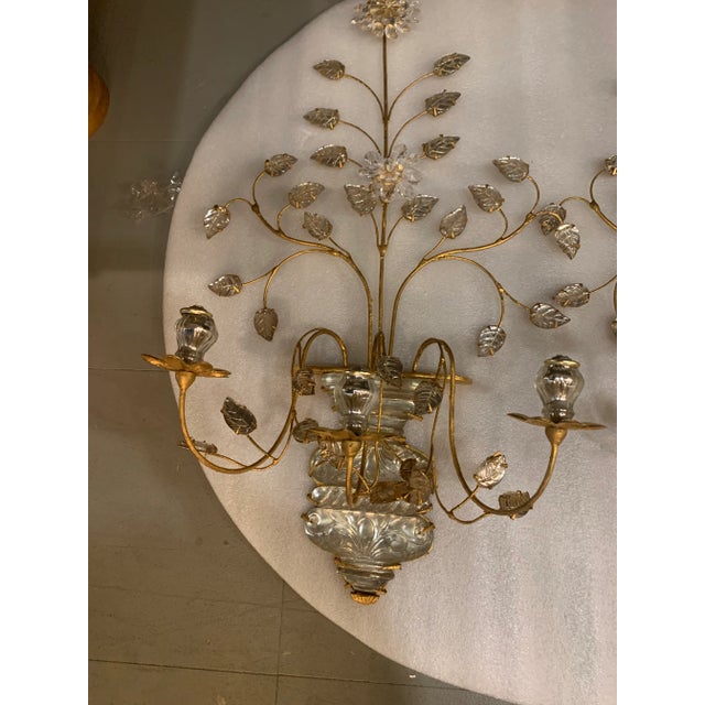 A set of 6 pairs French 3 lights gilt metal sconces with crystal base and leaves