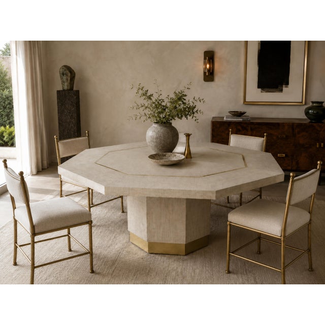 Contemporary 1970s Octagonal Grasscloth Dining Table With Brass Inlay - 8 Person For Sale - Image 3 of 8