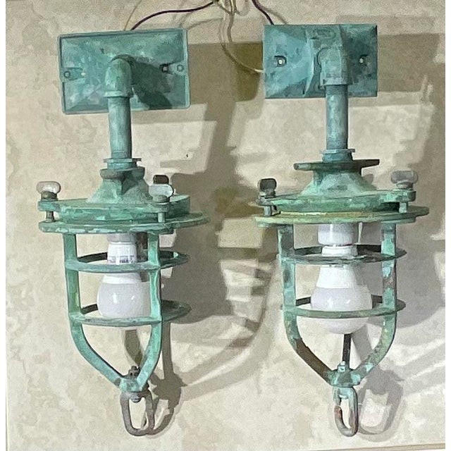 Green Pair of Antique Bronze Nautical Marine Wall Sconces, or Convoy Lights For Sale - Image 8 of 11