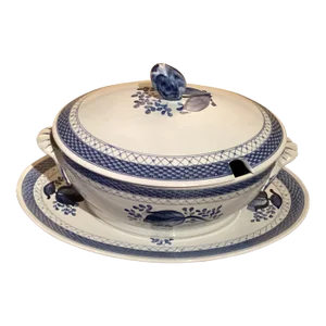 1990s Denmark Royal Copenhagen Tranquebar 3 Piece Blue Soup Tureen With Lid and Underplate