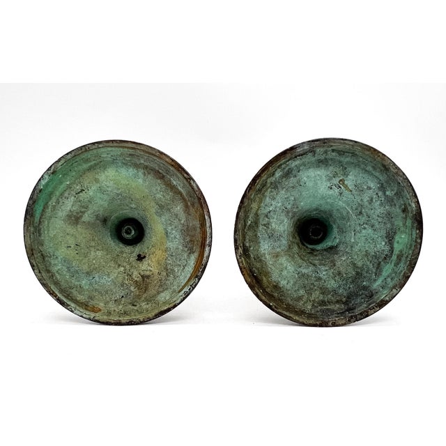 Metal Pair of Vintage Verdigris Patinated Brass Candlesticks With Foliate Motifs – Rustic European / Old World For Sale - Image 7 of 9