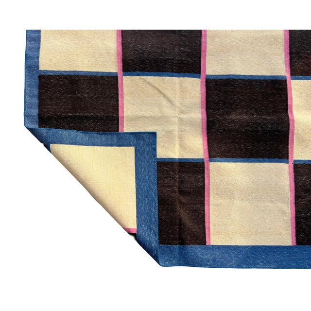Handmade Reversible Cotton Vegetable Dyed Cream, Brown and Blue Checker Board Area Rug-6'x9' For Sale - Image 11 of 12