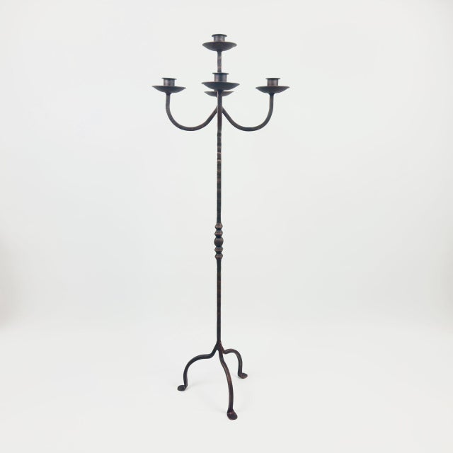 Metal Hand Forged Wrought Iron Floor Candelabra 50″ (127cm) Antique Copper Patina 5-Arm Tiered Candle Holder Gothic Church Wedding Decor For Sale - Image 7 of 7