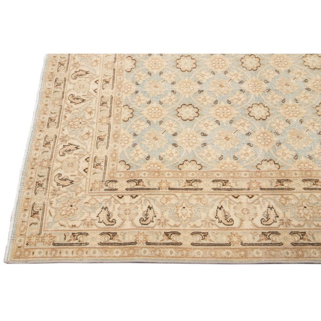 Antique Persian Tabriz Handmade Floral Beige and Blue Square Wool Rug For Sale - Image 4 of 10