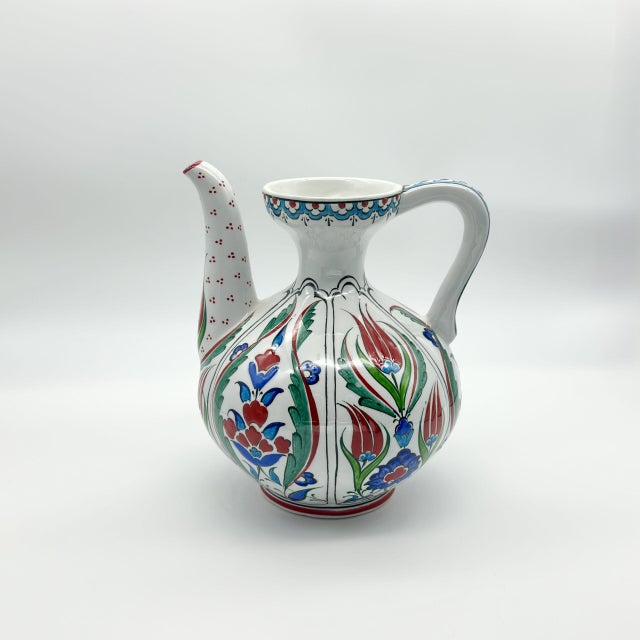 Handmade Ceramic Ewer (20cm) – Red Tulips & Floral Panels – Traditional Ibrik Form For Sale - Image 9 of 11