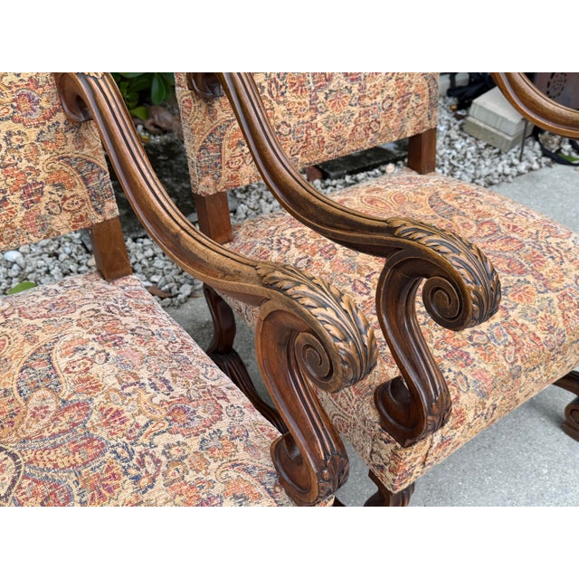 Mid 20th Century Vintage Baroque-Style Carved Armchairs With Scrolled Arms, Pair For Sale - Image 5 of 12