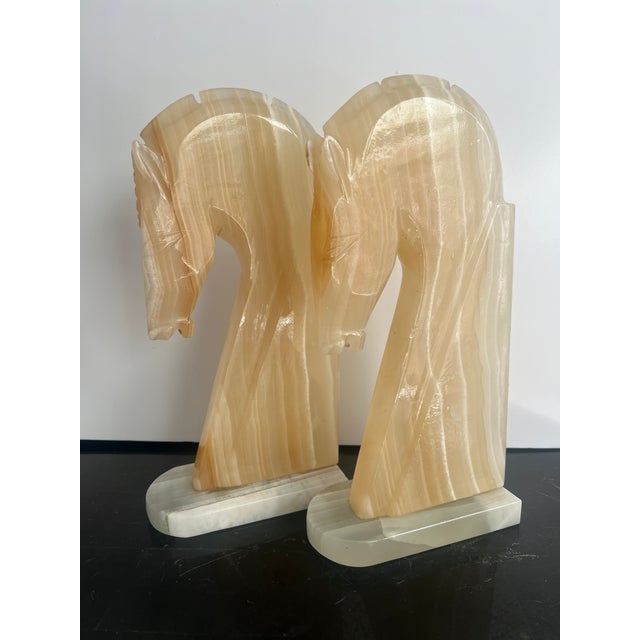 American Vintage Hand Carved Onyx Horse Head Bookends Extra Tall For Sale - Image 3 of 8