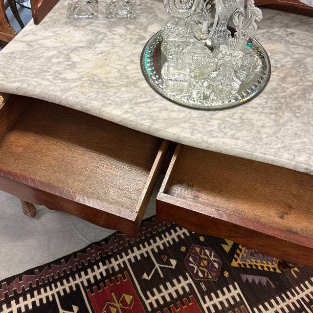 Antique French Wood Vanity/ Wash Stand With Pivoting Antiqued Mirror, Marble Top and Towel Bars For Sale - Image 11 of 12