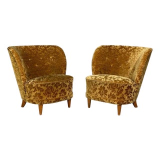 Finnish Modern, Easy Chairs, Damask, Beech, Finland, 1940s For Sale