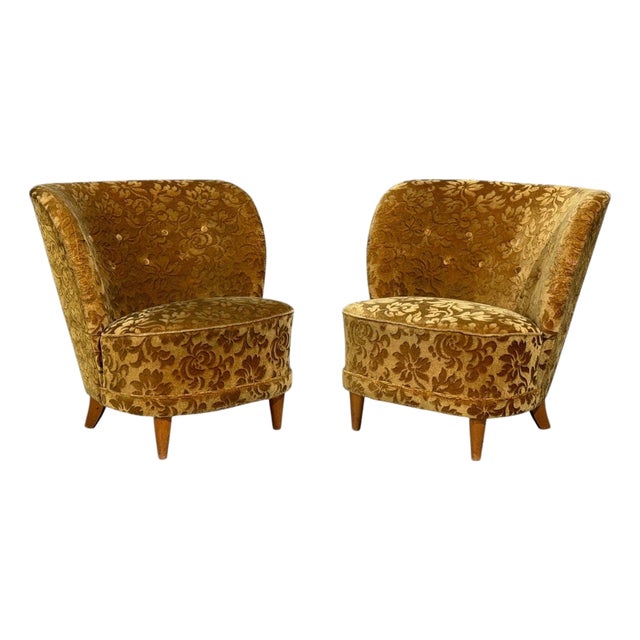 Finnish Modern, Easy Chairs, Damask, Beech, Finland, 1940s For Sale