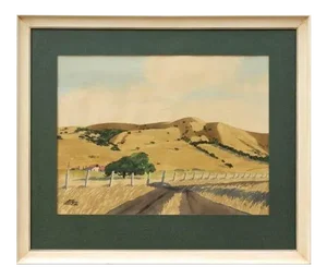 Mid-20th Century Contemporary Framed Watercolor Painting, Golden California Hills by James March Phillips