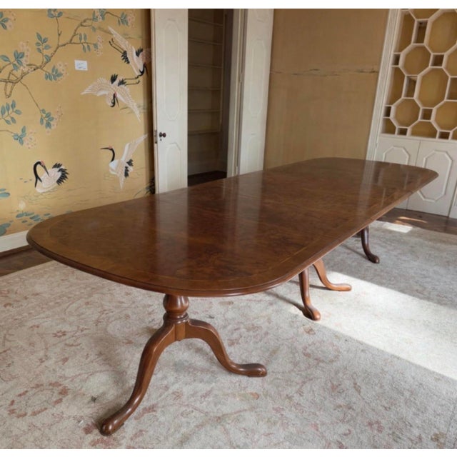 Monumental 12-Foot Figured Burl Wood Triple Pedestal Extension Dining Table For Sale - Image 9 of 9