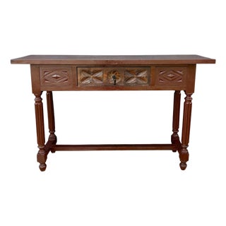 Spanish Renaissance Revival Carved Oak Console Table with Drawer, 1930s For Sale