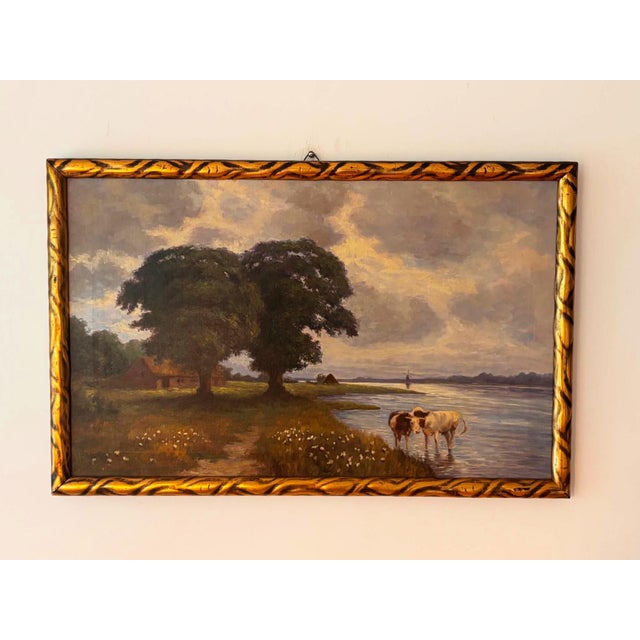 Pastoral Landscape with Cows by the Water, 20th Century, Oil on Canvas For Sale - Image 6 of 9