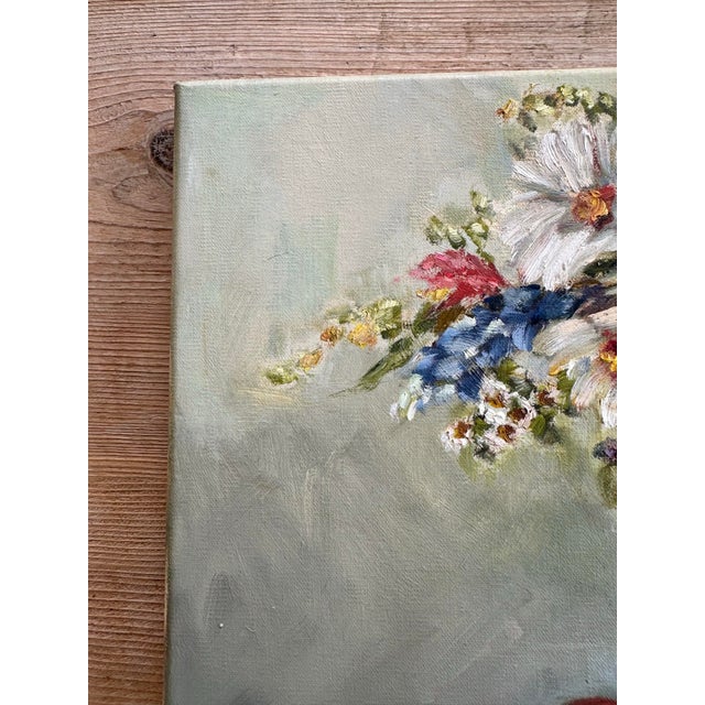 2020s “Texas Table” Bluebonnets, Daisies and Peaches Still Life, Oil Painting, 12x16 Unframed. For Sale - Image 5 of 12