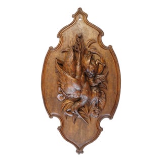 Antique Black Forest Carved Wood Wall Plaque 32" Large Hunting Trophy Fruits of the Hunt Game Birds Animals For Sale