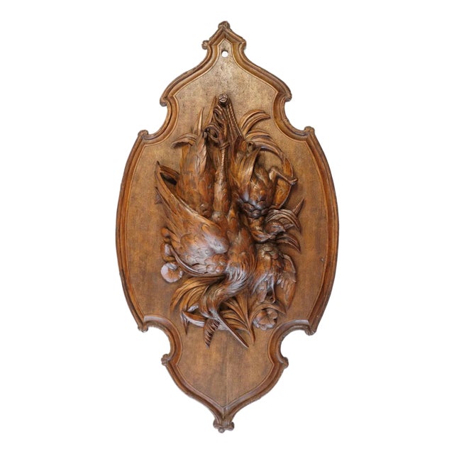 Antique Black Forest Carved Wood Wall Plaque 32" Large Hunting Trophy Fruits of the Hunt Game Birds Animals For Sale