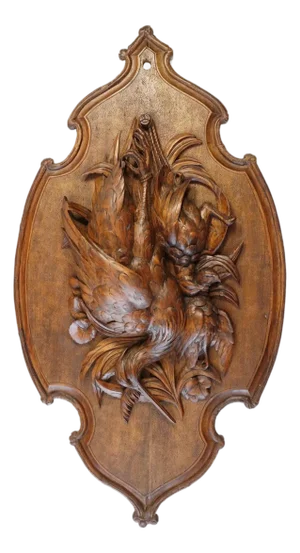 Antique Black Forest Carved Wood Wall Plaque 32" Large Hunting Trophy Fruits of the Hunt Game Birds Animals