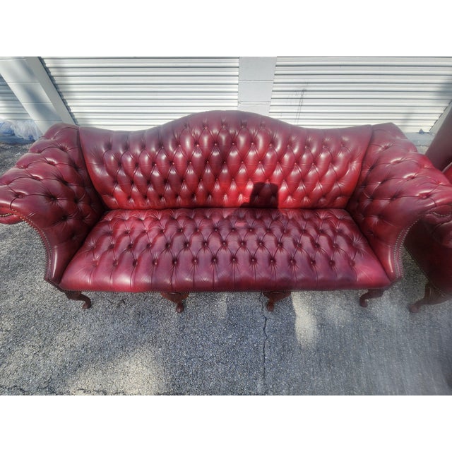 Vintage Carolina Leather House Oxblood Tufted Chesterfield Sofa, Wingback Chair & Ottoman - 3 Piece Set For Sale - Image 4 of 18