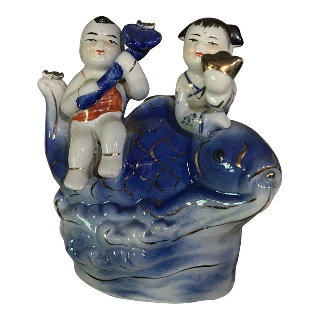 Blue and White Asian Children Ceramic Sculpture For Sale