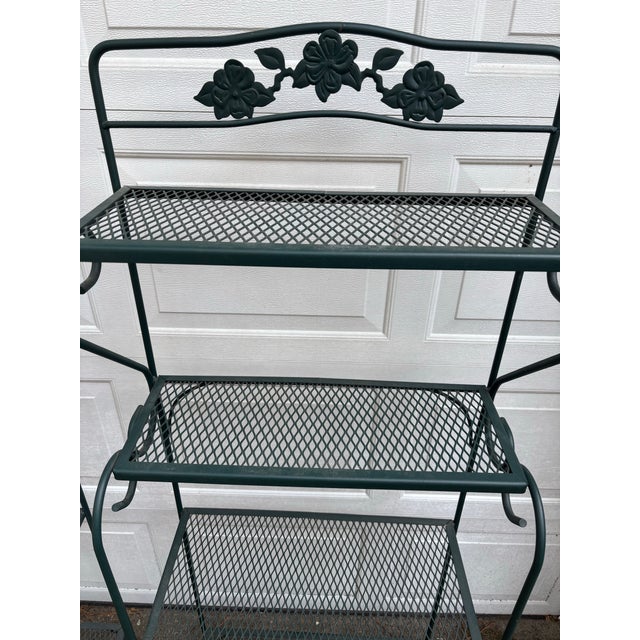 Mid to Late 20th Century Wrought Iron Metal Mesh Green Garden Bakers Racks Shelves, A Pair For Sale - Image 6 of 10