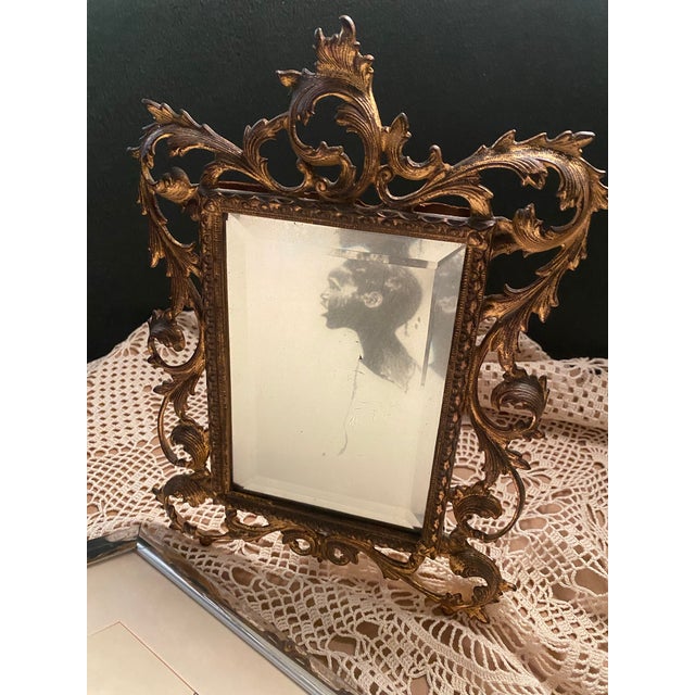Antique Mirror Glass. Antique Ornate Brass Vanity Mirror With Scrolling Acanthus Leaf Frame. For Sale In Miami - Image 6 of 8