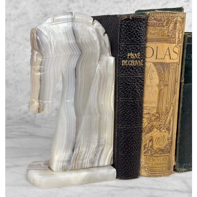 Mid-Century Modern Mid-Century Art Deco Italian Onyx Stone Trojan Horse Library Bookends – A Pair For Sale - Image 3 of 10