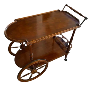 Vintage English Mahogany Tea & Bar Cart With Turned Wheels, Circa 1940s–50s