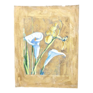 "Iris and Calla Lily in Gold" Modern Watercolor by Martha Holden For Sale