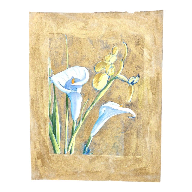 "Iris and Calla Lily in Gold" Modern Watercolor by Martha Holden For Sale