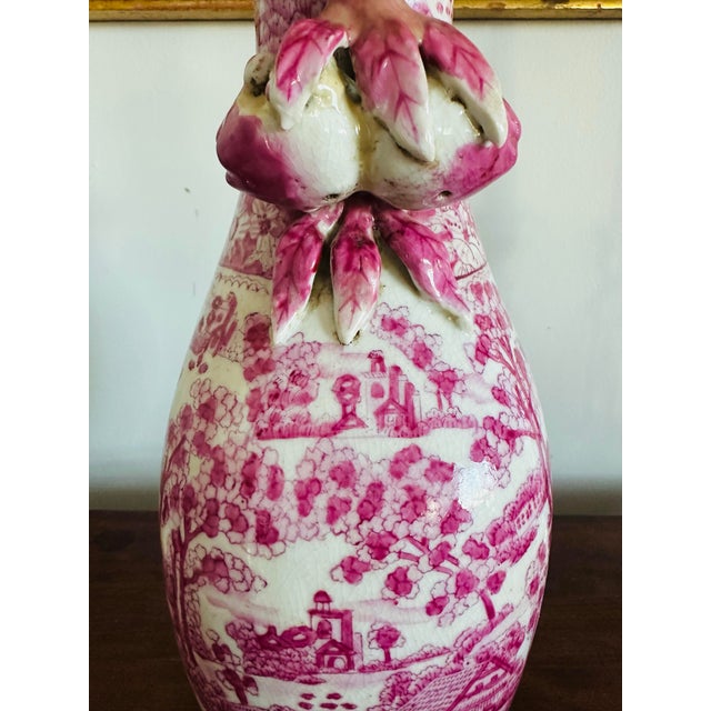 Vintage Chinese Porcelain Pink Chinoiserie Table Lamp With Pommegranate Flowered Handles For Sale - Image 4 of 12