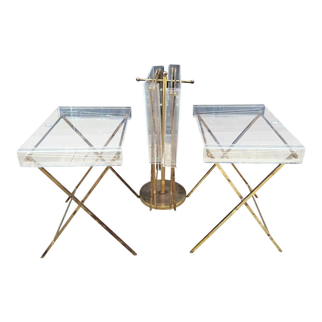 Charles Hollis Jones Clear Lucite and Brass Serving Trays 5 Pieces