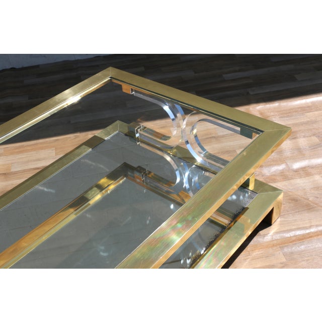 Vintage 1970s Hollywood Regency Brass Lucite & Glass Two-Tier Coffee Table For Sale - Image 15 of 18