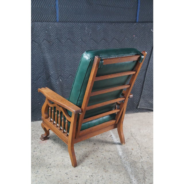 Antique Victorian Quartersawn Oak Vinyl Reclining Morris Arm Chair Lion Paw Feet For Sale - Image 9 of 14