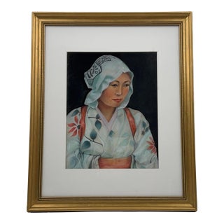 Vintage Original Pastel Portrait Painting of Japanese Woman in Kimono For Sale