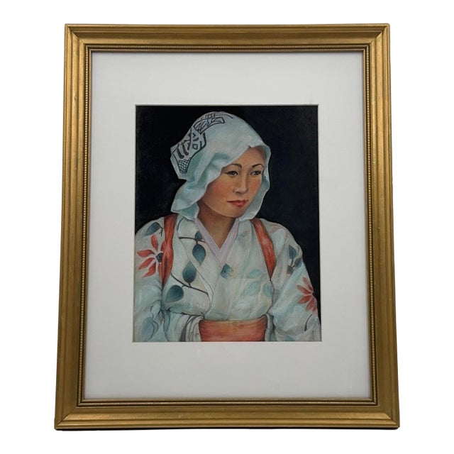 Vintage Original Pastel Portrait Painting of Japanese Woman in Kimono For Sale