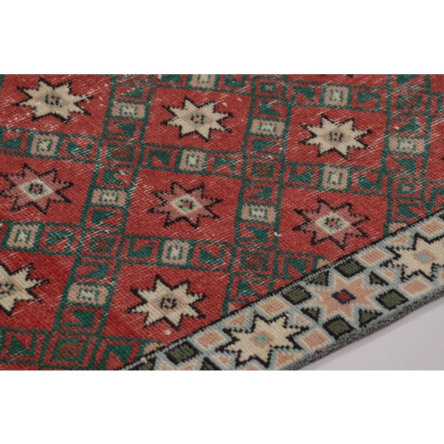 Traditional Vintage Distressed Rug, Red Diamond Star Lattice Over Rich Brown - Rug & Kilim For Sale - Image 3 of 8