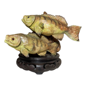 Vintage Hand Carved Painted Wood Burl Fish Two Bass Sculpture Statue Figure Art