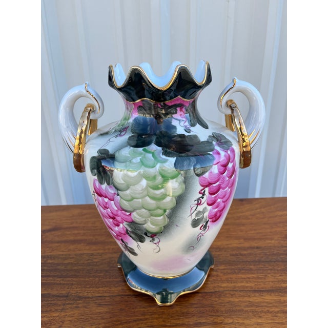 Asian Grape Painted Motif Nippon Porcelain Footed Vase For Sale - Image 3 of 12