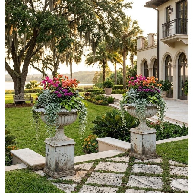 1950s Pair of 19th Century Victorian White Painted Cast Iron Garden Urns on Pedestals For Sale - Image 5 of 12
