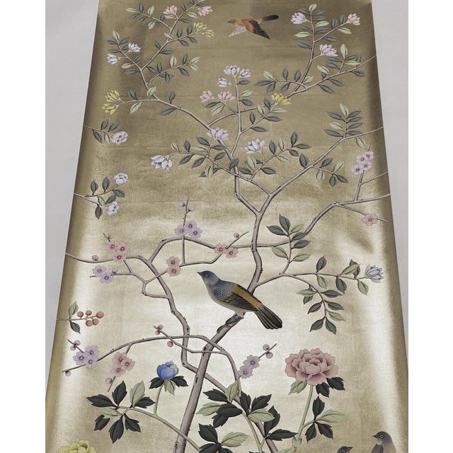 Chinoiserie 26" X 68" /Panel, Handpainted Chinoiserie on Champagne Metallic Leaf ( No Frame) For Sale - Image 3 of 10