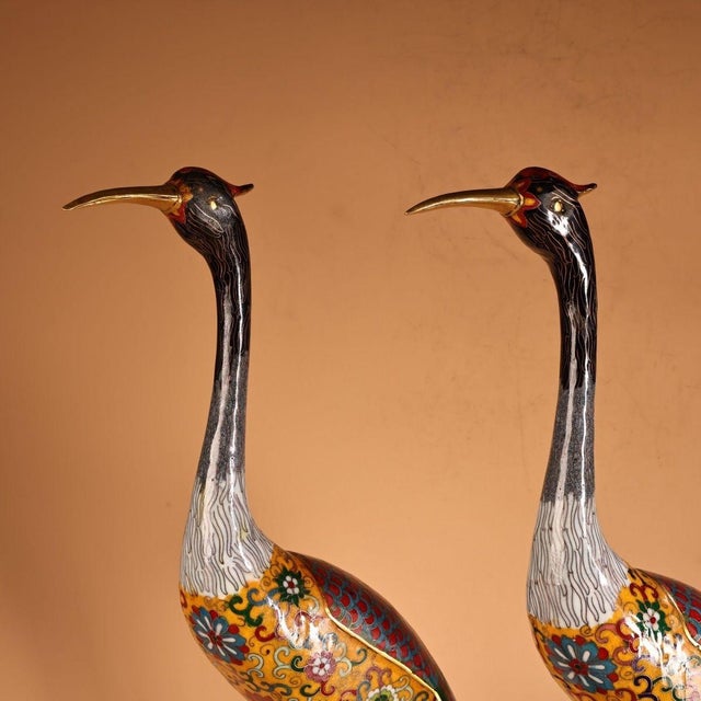 Pair of Gilt Bronze Cloisonné Enamel Crane and Turtle Figures For Sale - Image 4 of 10