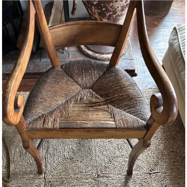 French Scroll Armchair With Rush Seat and Saber Legs For Sale - Image 9 of 11