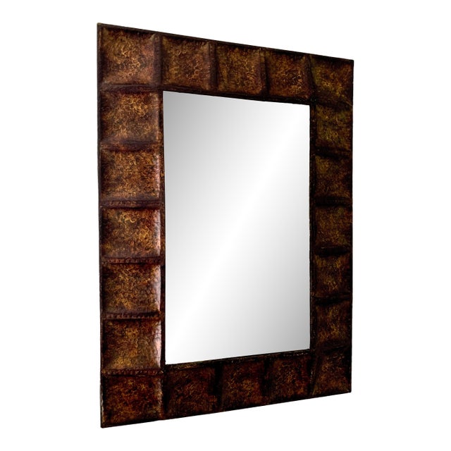 Hammered & Patinated Metal Beveled Vintage Mirror For Sale